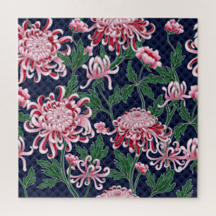 Japanisches Chrysanthemen-Pfingstrosen-Vintage-Mus Puzzle