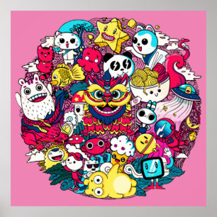 Japanisches Doodle Art Throw Kissen Poster