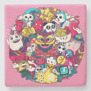 Japanisches Doodle Art Throw Kissen Steinuntersetzer