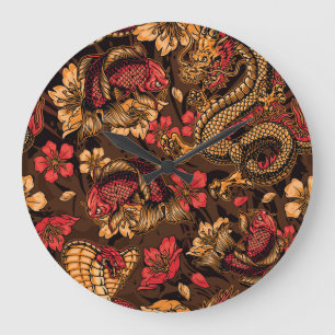 Japanisches Drachen-Koi-Muster. Große Wanduhr