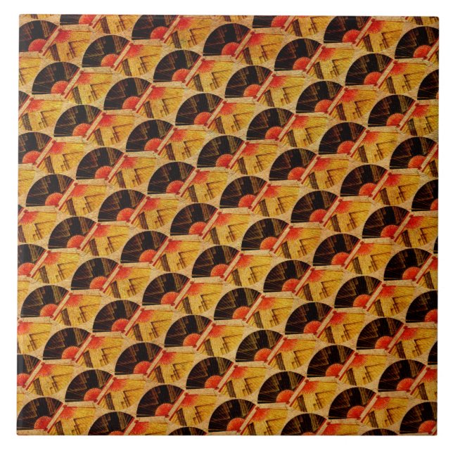 Japanisches Fan-Muster-rotes Schwarzes und Gold Fliese (Vorderseite)