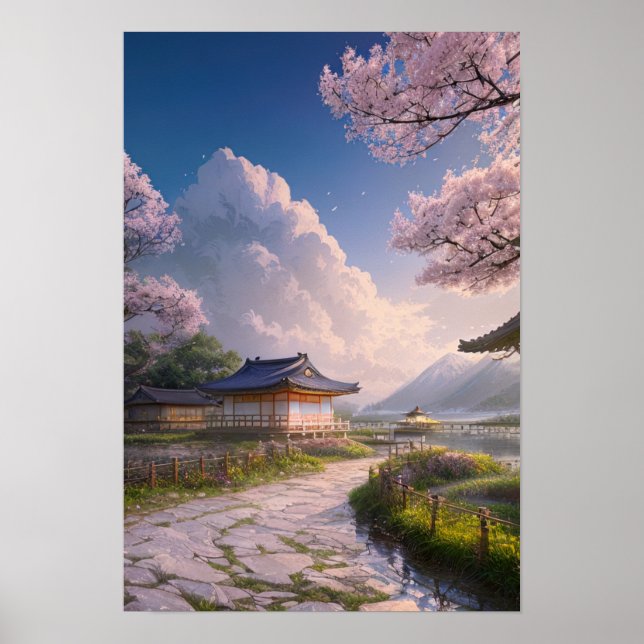 Japanisches Fischerdorf am Ufer Poster (Vorne)