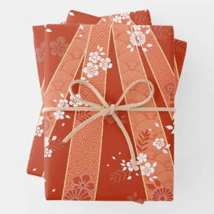Japanisches florales Kimono Muster Coral Geschenkpapier Set