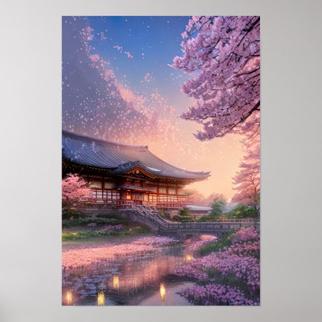 Japanisches Gasthaus im warmen Glühen des Sonnenun Poster (Vorne)
