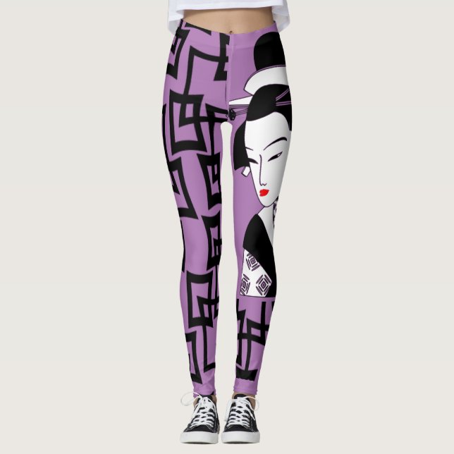 japanisches geisha Girl Schwarz-weiße lila Grafik Leggings (Vorderseite)