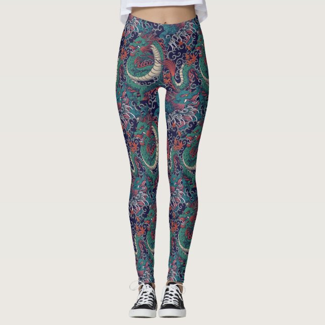 Japanisches Grün-Rot-Drachenmuster Leggings (Vorderseite)