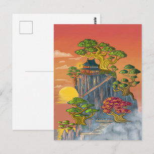 Japanisches Haus und Bonzai auf den Felsen. Postkarte