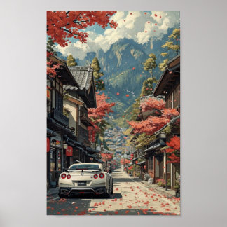 Japanisches Herbststraßenplakat mit Sportwagen Poster