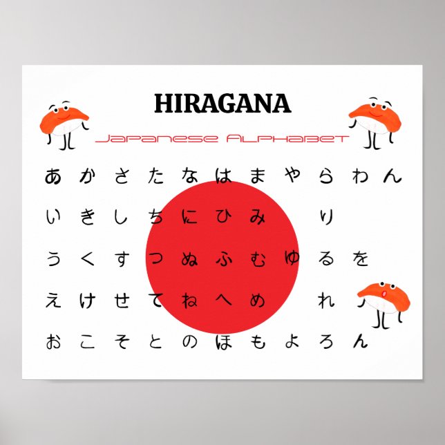 Japanisches HIRAGANA-Alphabet – Süßes Sushi Poster (Vorne)