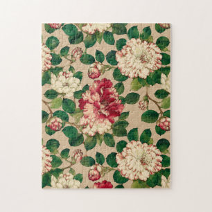 Japanisches Kamelienmuster. Tiefrosa auf Beige Puzzle