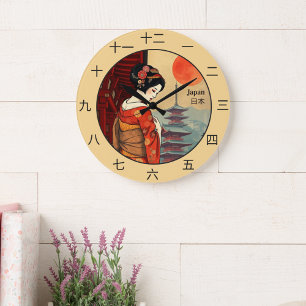 Japanisches Kanji unterzeichnet 日 本 Maiko geisha Große Wanduhr