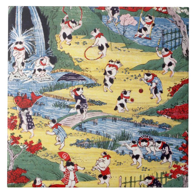 Japanisches Katzen Land, Utagawa Kunitoshi Fliese (Vorderseite)