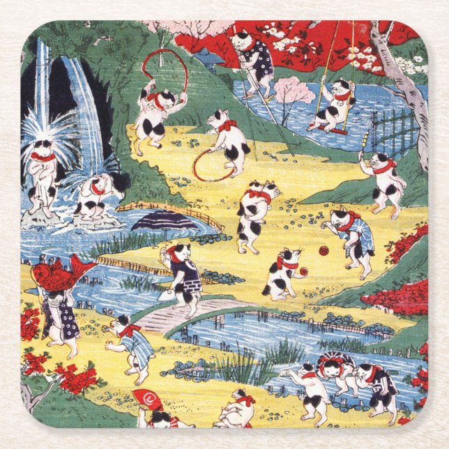 Japanisches Katzen Land, Utagawa Kunitoshi Rechteckiger Pappuntersetzer (Vorderseite)