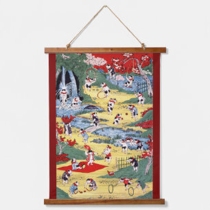 Japanisches Katzen Land, Utagawa Kunitoshi Wandteppich Mit Holzrahmen