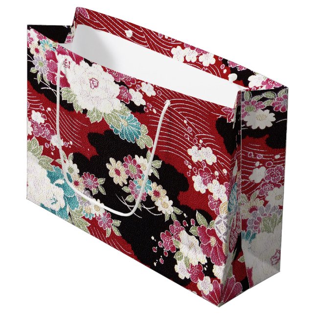 Japanisches KIMONO Textil, Blumenmuster Große Geschenktüte (Vorderseite Schrägansicht)
