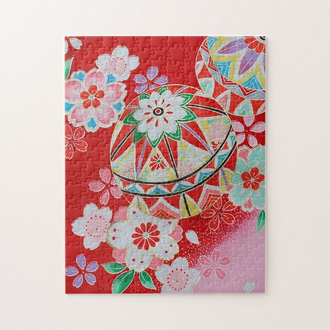 Japanisches KIMONO Textil, Blumenmuster Puzzle (Vertikal)