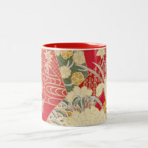 Japanisches KIMONO Textil, Blumenmuster Zweifarbige Tasse