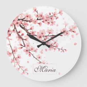 Japanisches Kirschblüten-Monogramm Rosa Weiß Große Wanduhr
