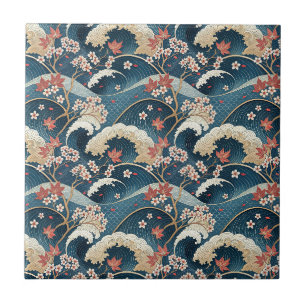 Japanisches Kirschblüten- und Wellen-Blumenmuster- Fliese