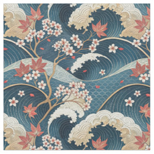 Japanisches Kirschblüten- und Wellen-Blumenmuster- Stoff