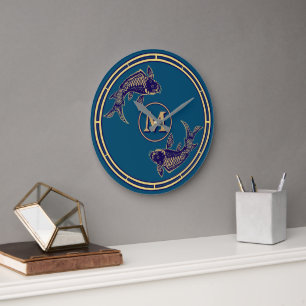 Japanisches Koi-Fisch-Monogramm Große Wanduhr