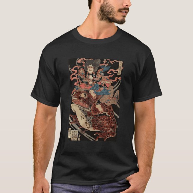 Japanisches Kunstwerk Samurai Riding Riant Toad T-Shirt (Vorderseite)
