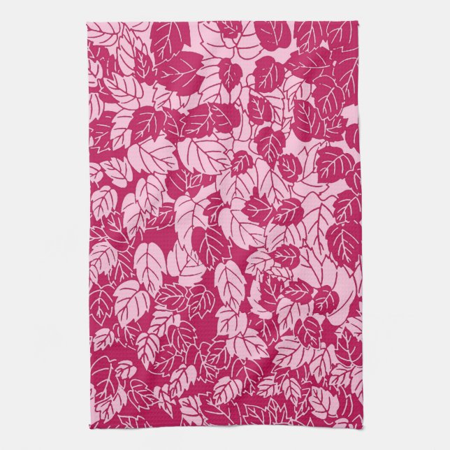 Japanisches Leaf Print, Fuchsia und Light Pink Geschirrtuch (Vertikal)