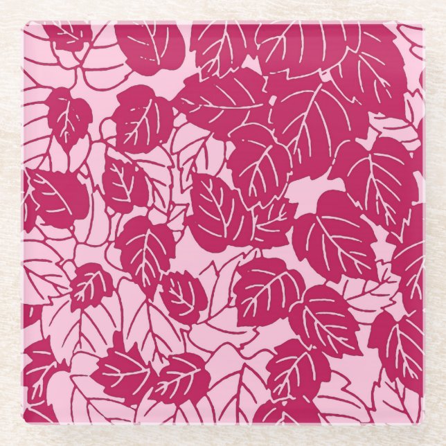 Japanisches Leaf Print, Fuchsia und Light Pink Glasuntersetzer (Vorderseite)