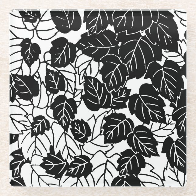 Japanisches Leaf Print, Schwarz/Weiß Glasuntersetzer (Vorderseite)