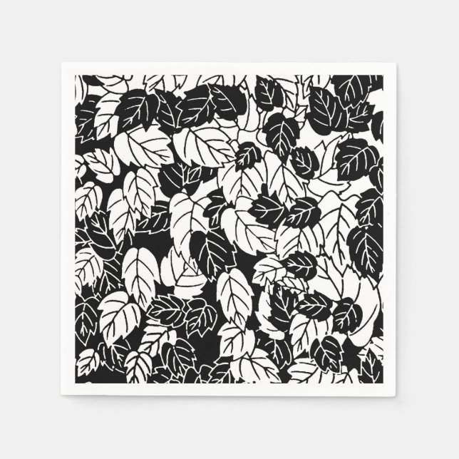 Japanisches Leaf Print, Schwarz/Weiß Serviette (Vorderseite)