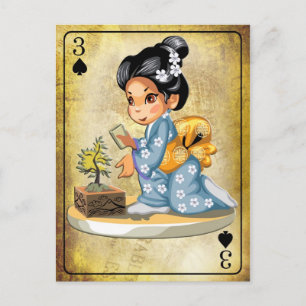 Japanisches Mädchen in Kimono, das einen Bonsai-Ba Postkarte