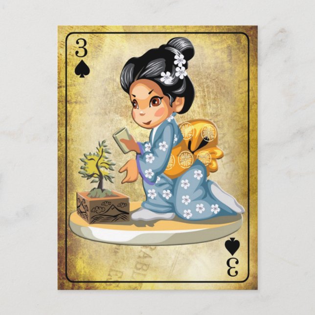 Japanisches Mädchen in Kimono, das einen Bonsai-Ba Postkarte (Vorderseite)