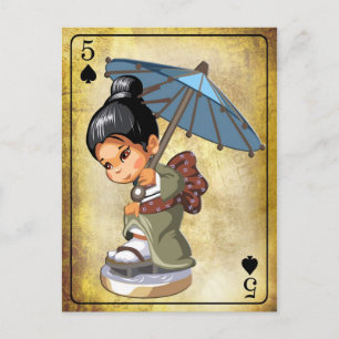 Japanisches Mädchen in Kimono, das ihre Schuhe ins Postkarte