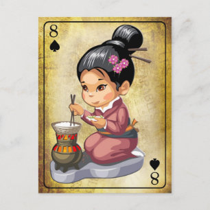 Japanisches Mädchen in Kimono, das Reis kocht Postkarte