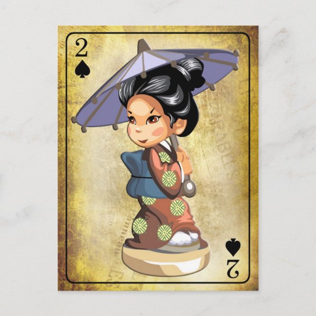 Japanisches Mädchen in Kimono mit einem Schirm Postkarte (Vorderseite)