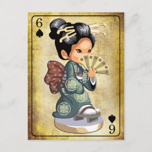 Japanisches Mädchen in Kimono mit einem Ventilator Postkarte