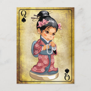 Japanisches Mädchen in Kimono mit Perlenhalskette Postkarte