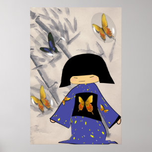 Japanisches Mädchen mit Butterfly-Blasen Poster