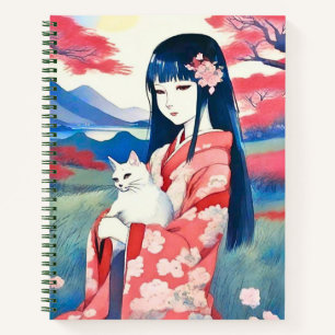 Japanisches Mädchen mit einem White Cat Journal Notizbuch