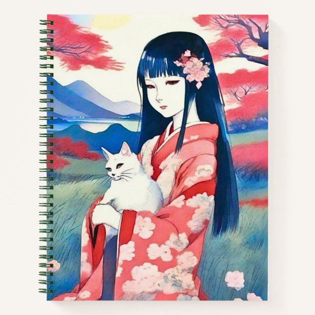 Japanisches Mädchen mit einem White Cat Journal Notizbuch (Vorderseite)