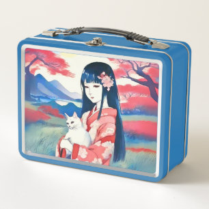 Japanisches Mädchen mit einer weißen Katze Metall Brotdose