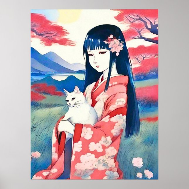 Japanisches Mädchen mit einer weißen Katze Poster (Vorne)