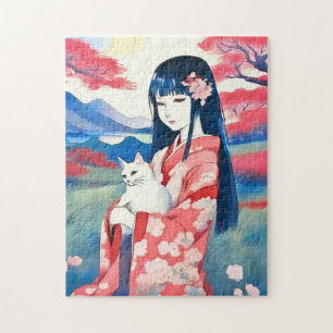 Japanisches Mädchen mit einer weißen Katze Puzzle