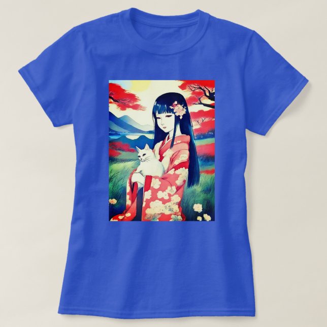 Japanisches Mädchen mit einer weißen Katze T-Shirt (Design vorne)