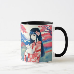 Japanisches Mädchen mit einer weißen Katze Tasse