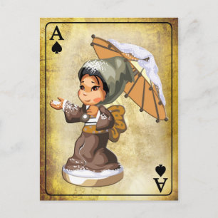 Japanisches Mädchen mit Schirm im Schnee Postkarte