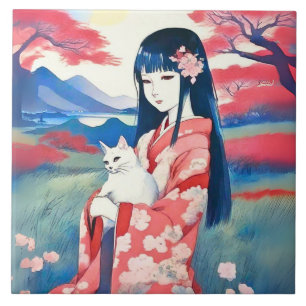 Japanisches Mädchen mit weißer Katze Fliese