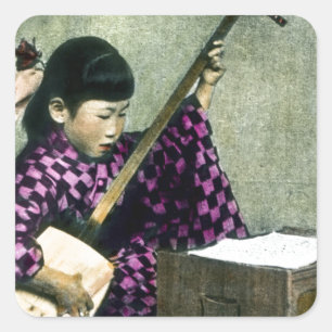 Japanisches Mädchen Musikerin Shamisen Vintage Quadratischer Aufkleber