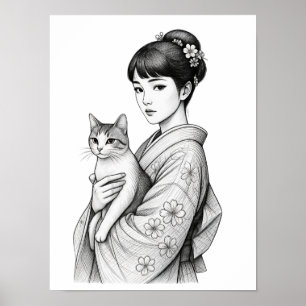 Japanisches Mädchen und ihre Katze Poster