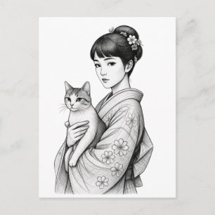 Japanisches Mädchen und ihre Katze Postkarte